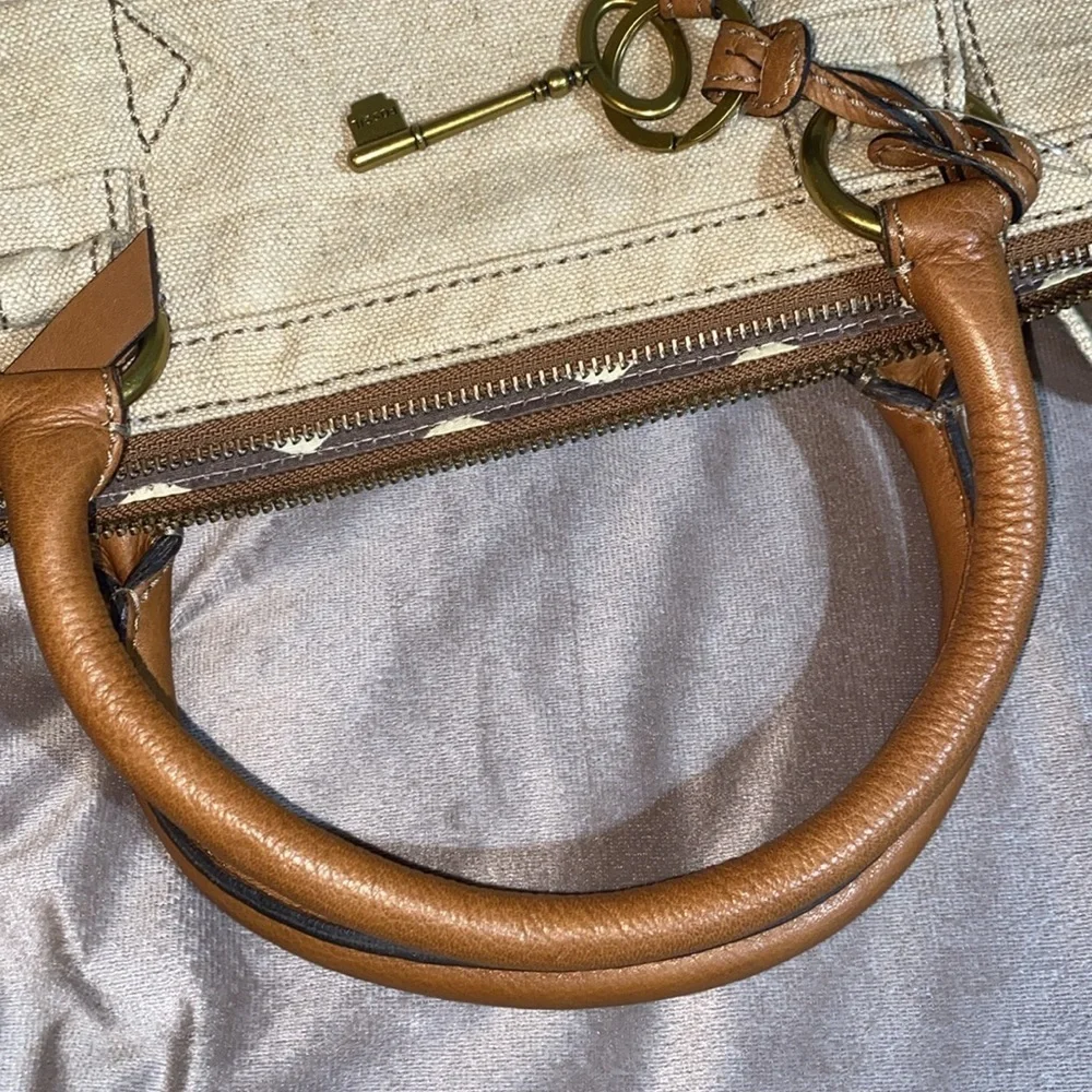 FOSSIL Grayson Beige Canvas Fabric Satchel & Fossil Popstich vintage Wallet 🆕